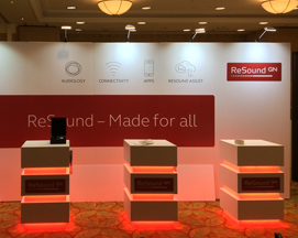 Our exhibition design for ReSound complete with three eluminated demostration tables.