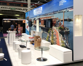 Open plan exhibition design for Liverpool Convention Bureau visually highlighting Liverpool Docks